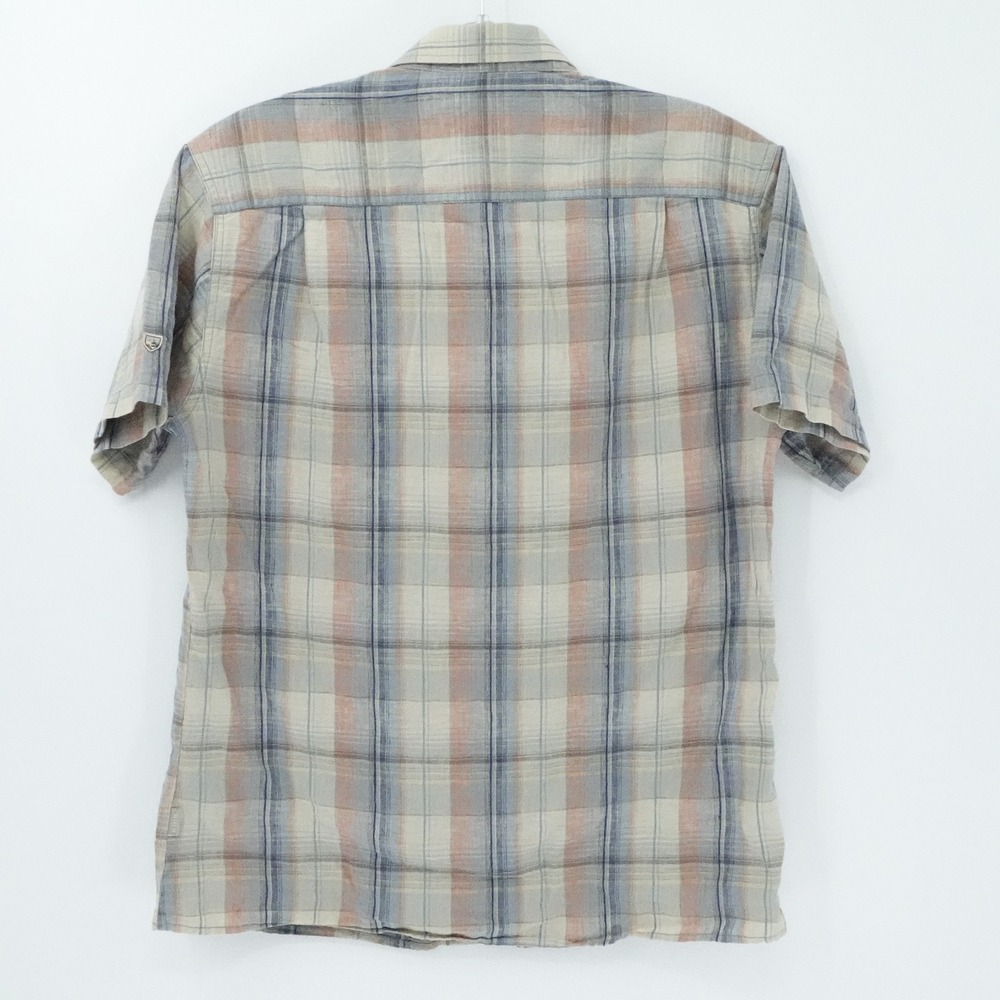 Kuhl Shirt Mens Large Beige Blue Plaid Short Sleeve‎ Linen Blend Outdoors Gorp - Picture 2 of 15